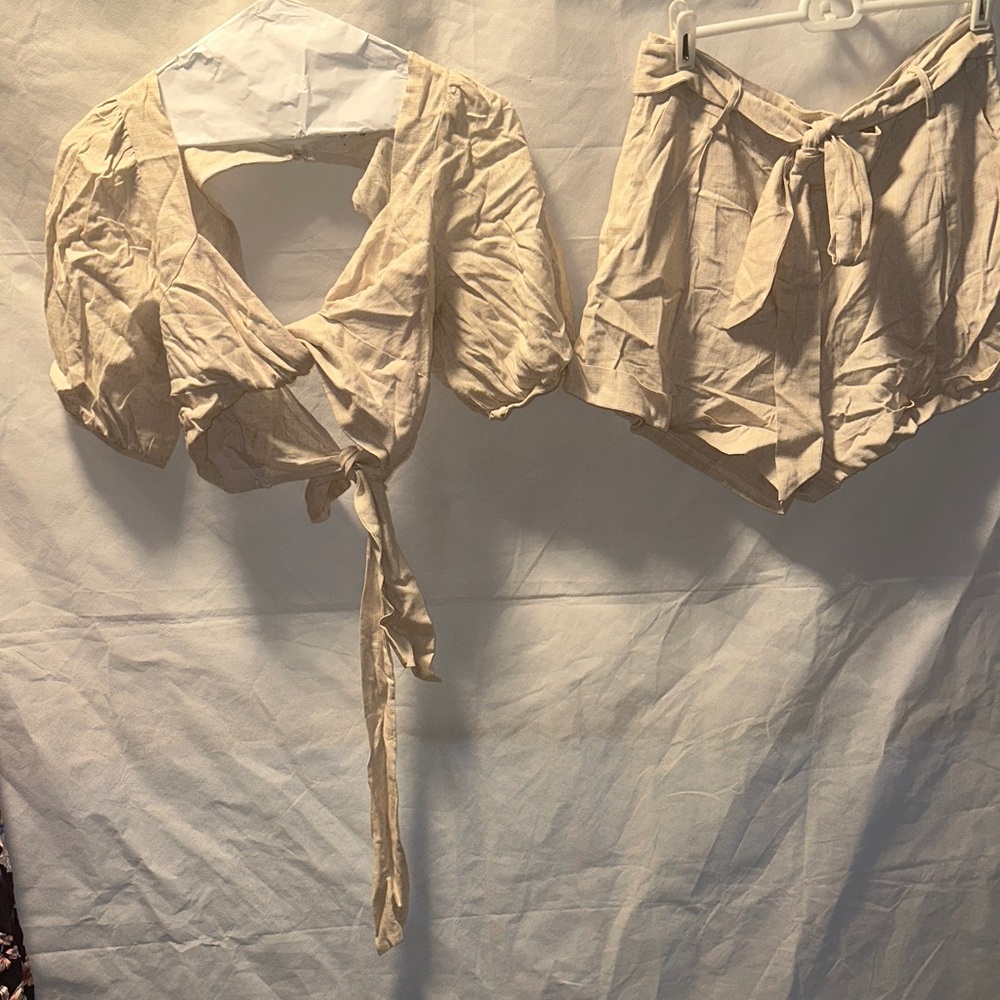 Beige Tie-Back Top and Shorts Set
